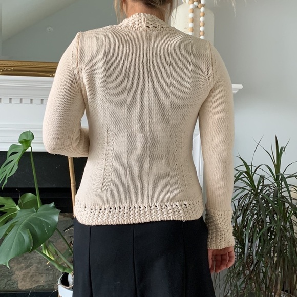 Les Copains Blue Wool Knit Crochet Cardigan size M 42 made in Italy beige - Picture 2 of 16